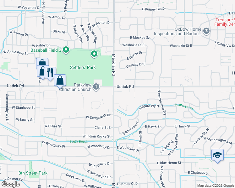map of restaurants, bars, coffee shops, grocery stores, and more near 156 East Eastbrook Court in Meridian