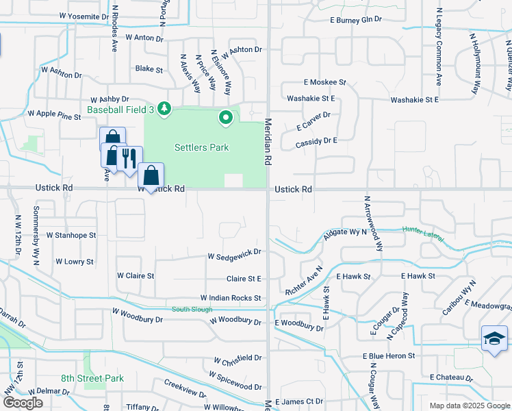 map of restaurants, bars, coffee shops, grocery stores, and more near 3165 North Meridian Road in Meridian