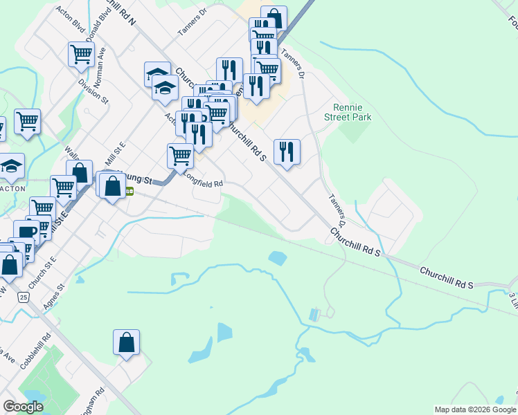 map of restaurants, bars, coffee shops, grocery stores, and more near 110 Longfield Road in Halton Hills