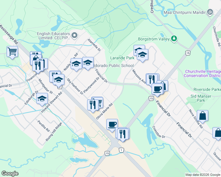 map of restaurants, bars, coffee shops, grocery stores, and more near 115 Olivia Marie Road in Brampton