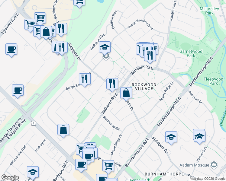 map of restaurants, bars, coffee shops, grocery stores, and more near 4230 Fieldgate Drive in Mississauga