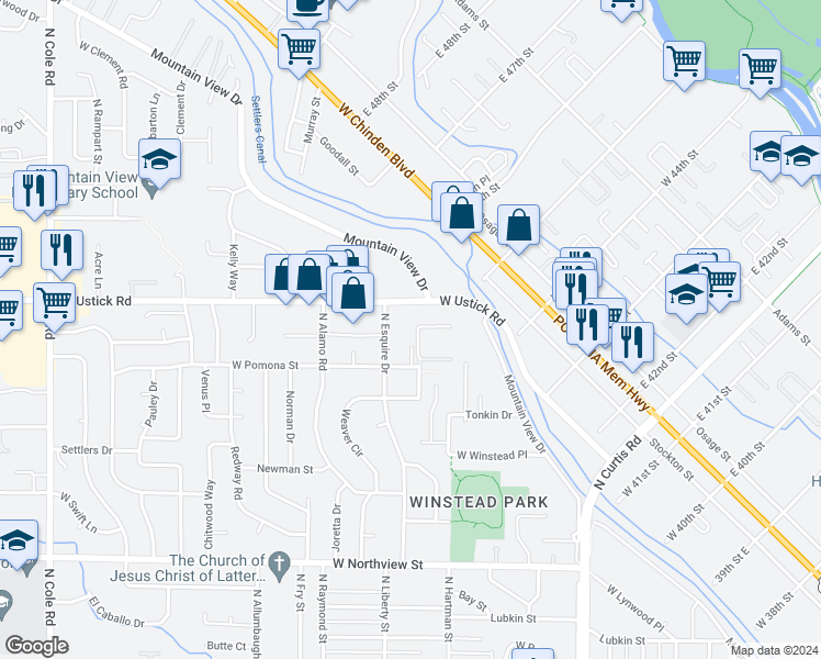 map of restaurants, bars, coffee shops, grocery stores, and more near 3148 North Esquire Drive in Boise