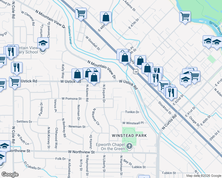 map of restaurants, bars, coffee shops, grocery stores, and more near 6315 West Ustick Road in Boise