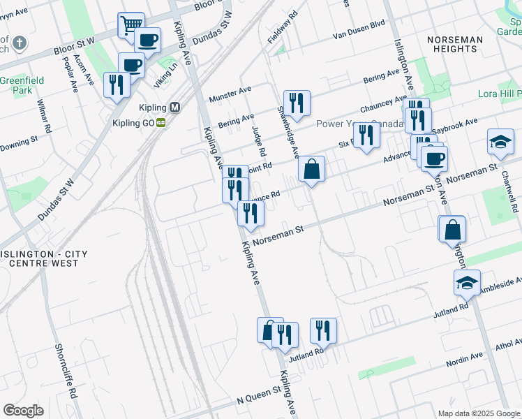 map of restaurants, bars, coffee shops, grocery stores, and more near 16 Advance Road in Toronto