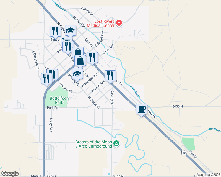 map of restaurants, bars, coffee shops, grocery stores, and more near 536 County Road in Arco