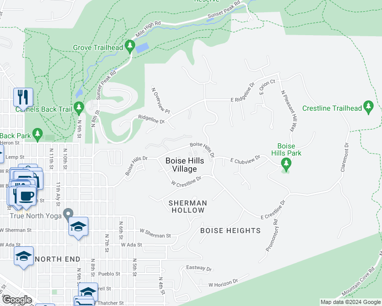 map of restaurants, bars, coffee shops, grocery stores, and more near 267 West Groveview Lane in Boise