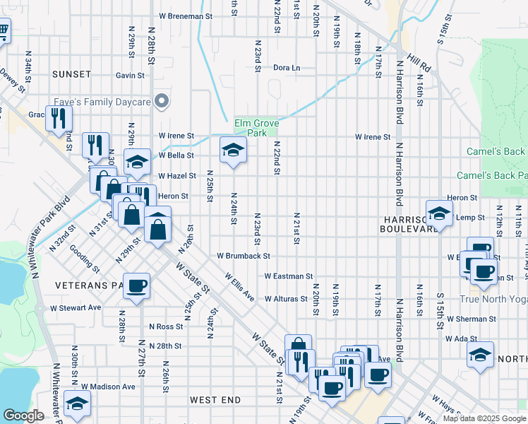 map of restaurants, bars, coffee shops, grocery stores, and more near 1419 North 23rd Street in Boise