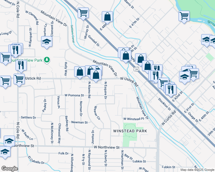 map of restaurants, bars, coffee shops, grocery stores, and more near 6315 West Ustick Road in Boise