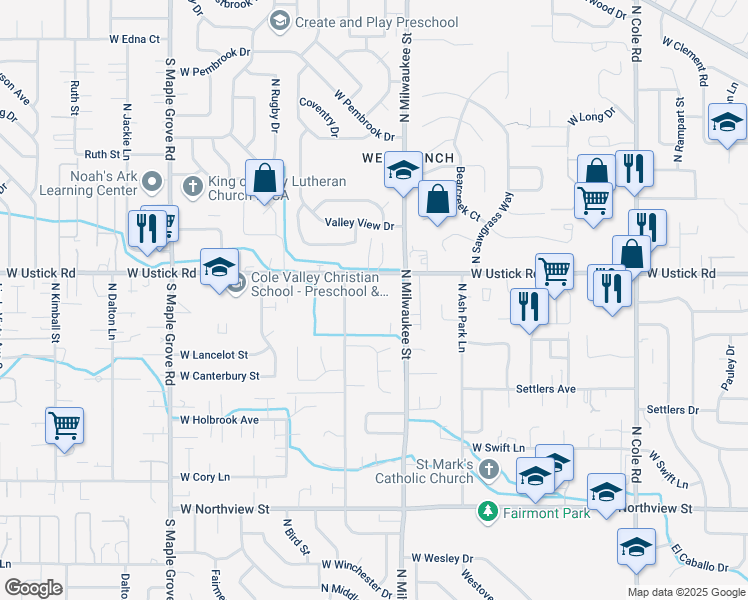 map of restaurants, bars, coffee shops, grocery stores, and more near 8347 West Ustick Road in Boise