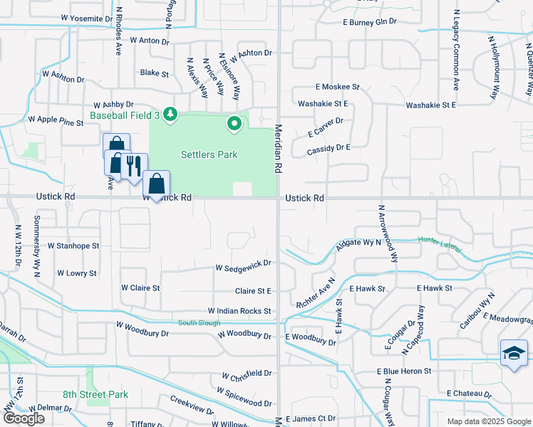 map of restaurants, bars, coffee shops, grocery stores, and more near 3165 North Meridian Road in Meridian