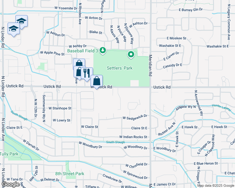 map of restaurants, bars, coffee shops, grocery stores, and more near 405 West Ustick Road in Meridian