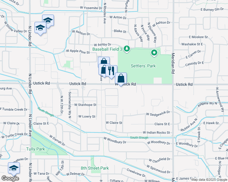 map of restaurants, bars, coffee shops, grocery stores, and more near 654 West Ustick Road in Meridian