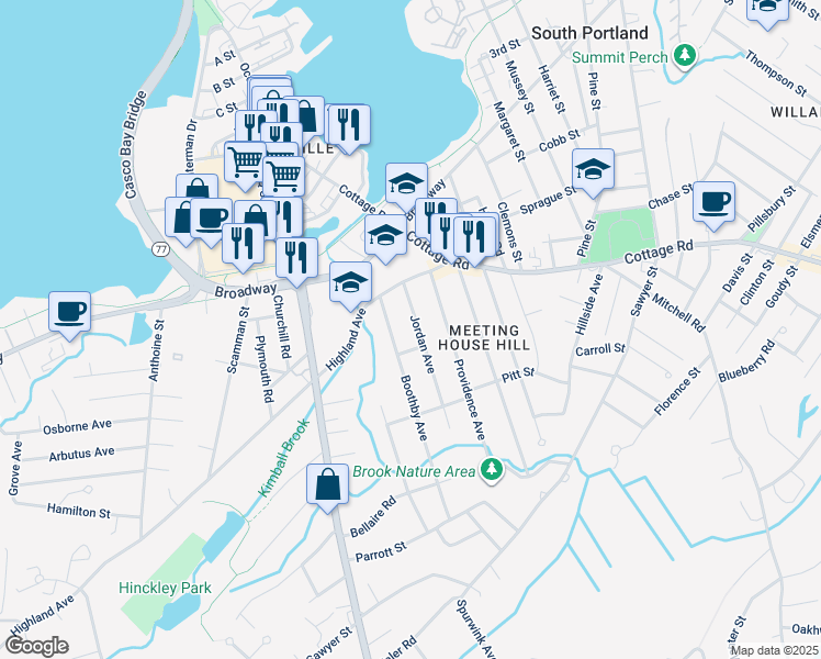 map of restaurants, bars, coffee shops, grocery stores, and more near 25 Jordan Avenue in South Portland