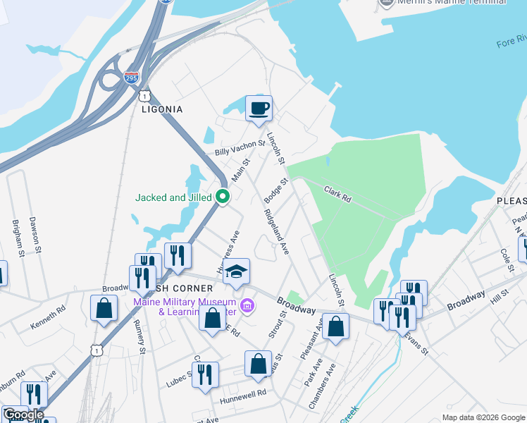 map of restaurants, bars, coffee shops, grocery stores, and more near 36 Bodge Street in South Portland