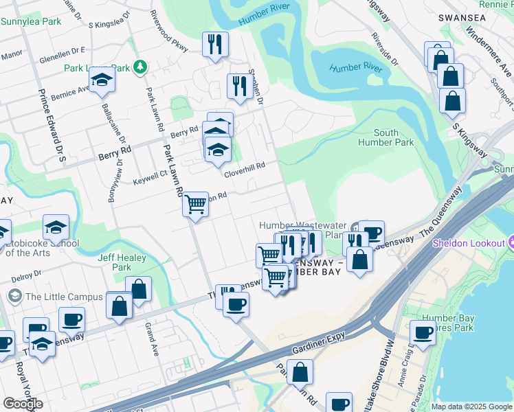 map of restaurants, bars, coffee shops, grocery stores, and more near in Toronto