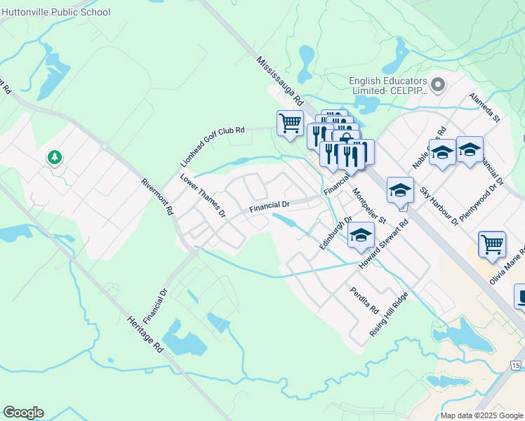 map of restaurants, bars, coffee shops, grocery stores, and more near 45 Elysian Fields Circle in Brampton