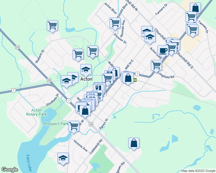 map of restaurants, bars, coffee shops, grocery stores, and more near 20 Wilbur Street North in Acton