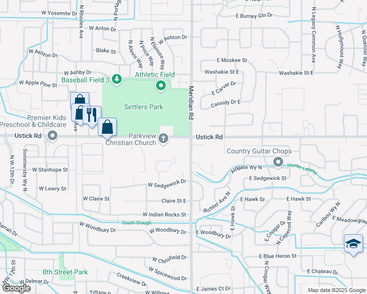 map of restaurants, bars, coffee shops, grocery stores, and more near 3165 North Meridian Road in Meridian