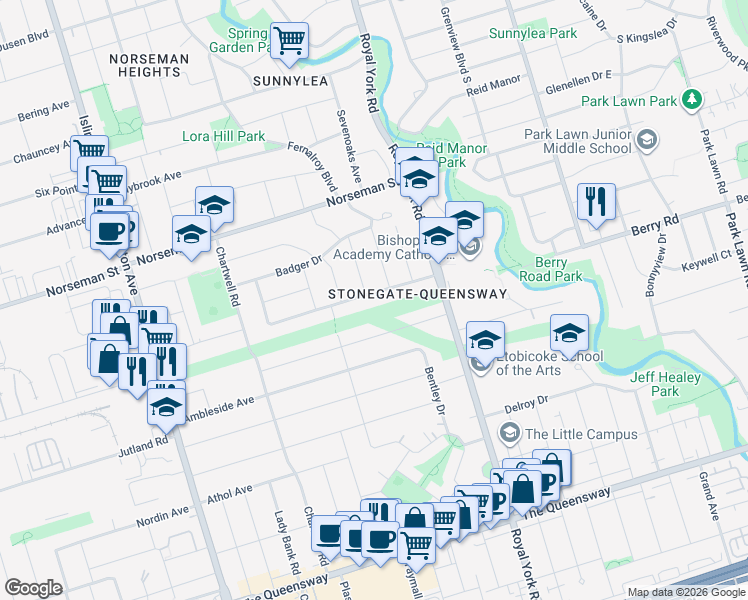 map of restaurants, bars, coffee shops, grocery stores, and more near 31 Coney Road in Toronto