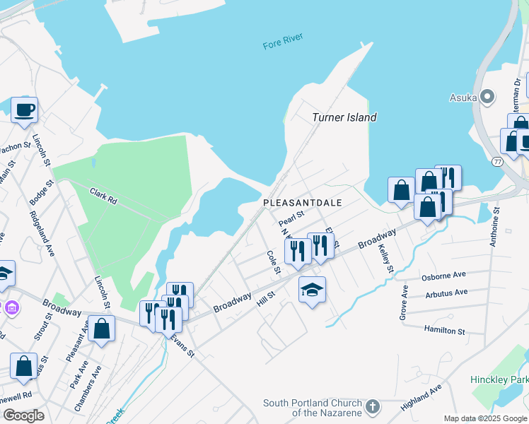map of restaurants, bars, coffee shops, grocery stores, and more near 7 North Kelsey Street in South Portland