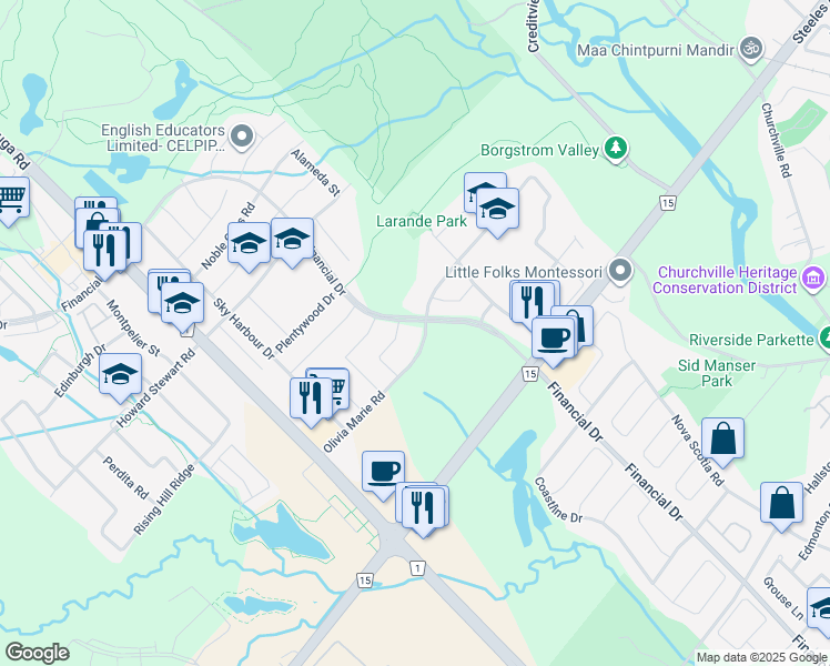 map of restaurants, bars, coffee shops, grocery stores, and more near 115 Olivia Marie Road in Brampton