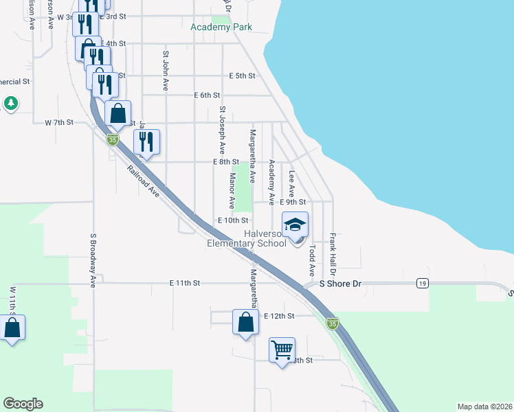 map of restaurants, bars, coffee shops, grocery stores, and more near 1443 Margaretha Avenue in Albert Lea
