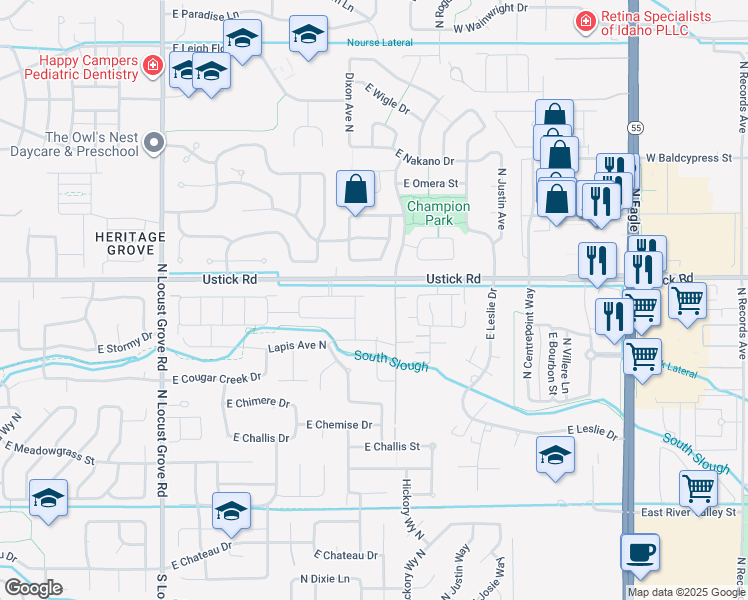 map of restaurants, bars, coffee shops, grocery stores, and more near 2315 East Ustick Road in Meridian