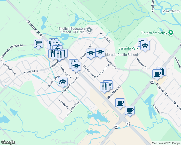 map of restaurants, bars, coffee shops, grocery stores, and more near Sky Harbour Drive in Brampton