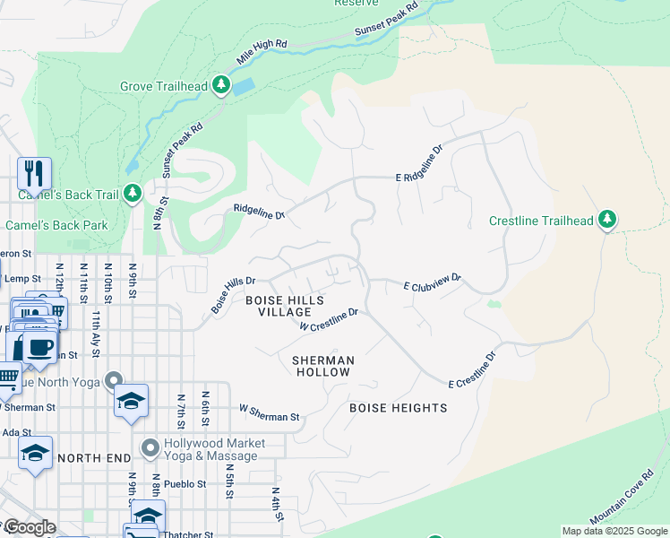map of restaurants, bars, coffee shops, grocery stores, and more near 410 Village Lane in Boise