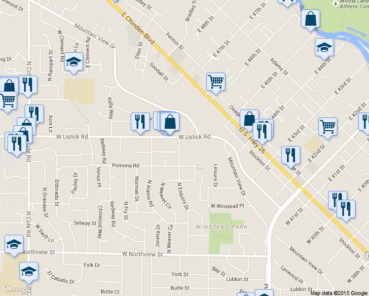map of restaurants, bars, coffee shops, grocery stores, and more near 6315 West Ustick Road in Boise