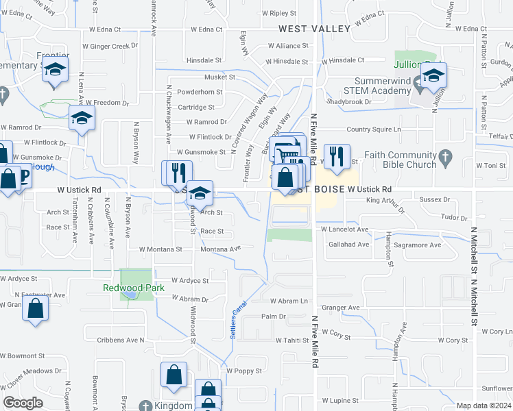 map of restaurants, bars, coffee shops, grocery stores, and more near 10811 West Ustick Road in Boise