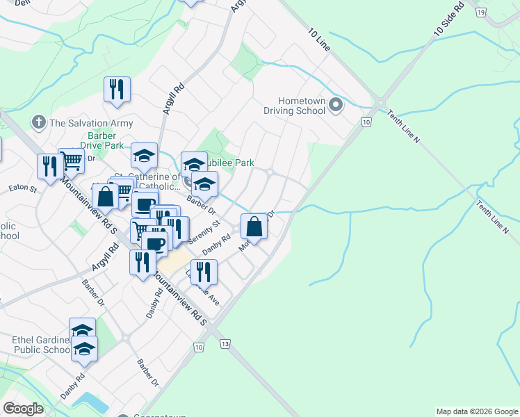 map of restaurants, bars, coffee shops, grocery stores, and more near 15148 Danby Road in Halton Hills