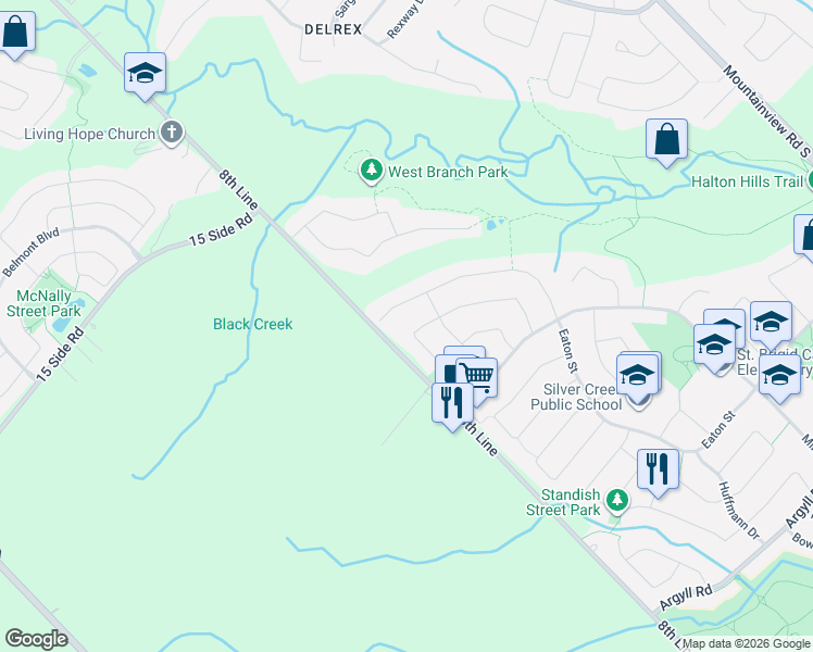 map of restaurants, bars, coffee shops, grocery stores, and more near 64 Meadowlark Drive in Halton Hills