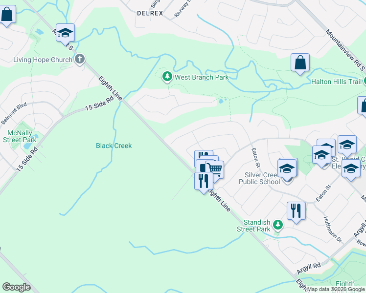 map of restaurants, bars, coffee shops, grocery stores, and more near 64 Meadowlark Drive in Halton Hills