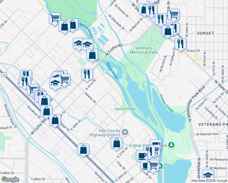 map of restaurants, bars, coffee shops, grocery stores, and more near 3988 Reed Street in Garden City