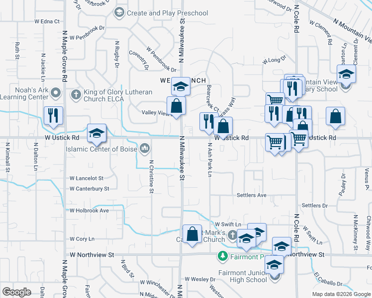 map of restaurants, bars, coffee shops, grocery stores, and more near in Boise