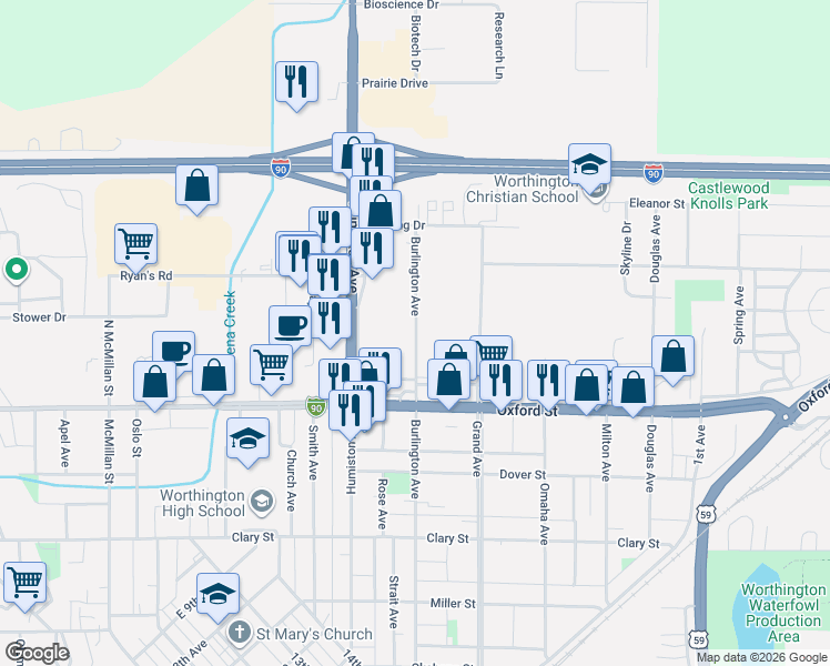 map of restaurants, bars, coffee shops, grocery stores, and more near 1576 Burlington Avenue in Worthington