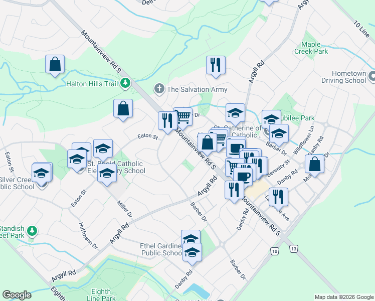 map of restaurants, bars, coffee shops, grocery stores, and more near 56 Smith Drive in Halton Hills