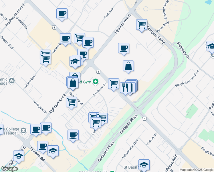 map of restaurants, bars, coffee shops, grocery stores, and more near 1350 Crestlawn Drive in Mississauga