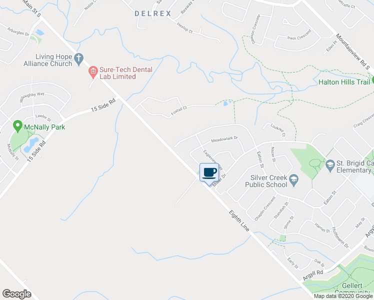 map of restaurants, bars, coffee shops, grocery stores, and more near 64 Meadowlark Drive in Halton Hills