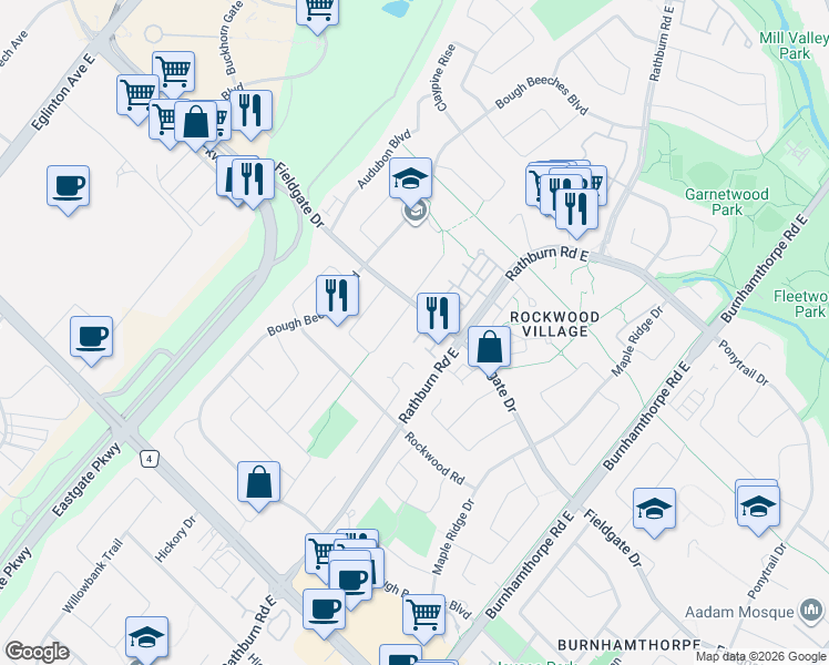 map of restaurants, bars, coffee shops, grocery stores, and more near 4230 Fieldgate Drive in Mississauga