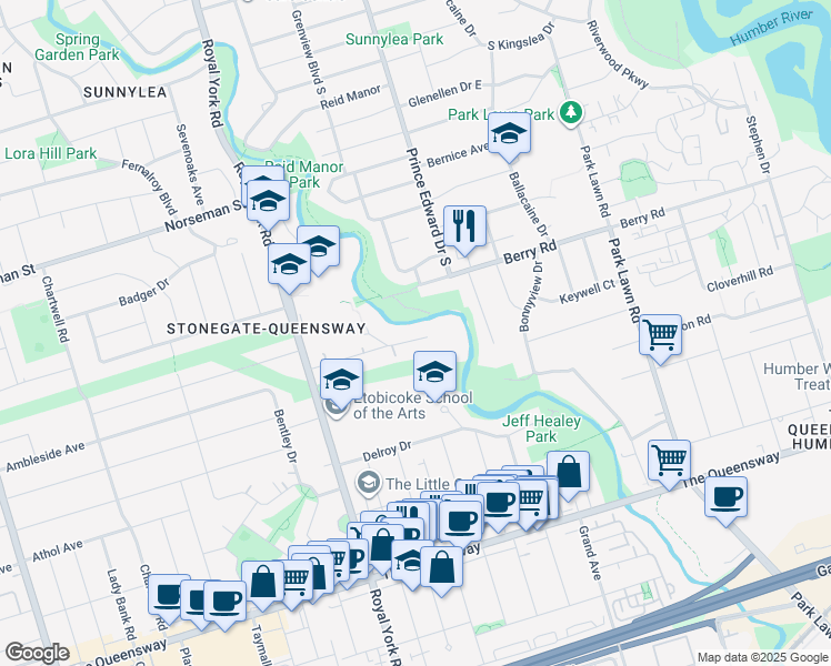 map of restaurants, bars, coffee shops, grocery stores, and more near 54 Oakfield Drive in Toronto