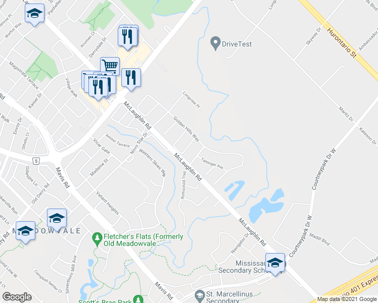 map of restaurants, bars, coffee shops, grocery stores, and more near 456 Krotone Crescent in Mississauga