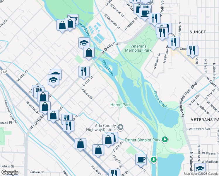 map of restaurants, bars, coffee shops, grocery stores, and more near 3988 Reed Street in Garden City