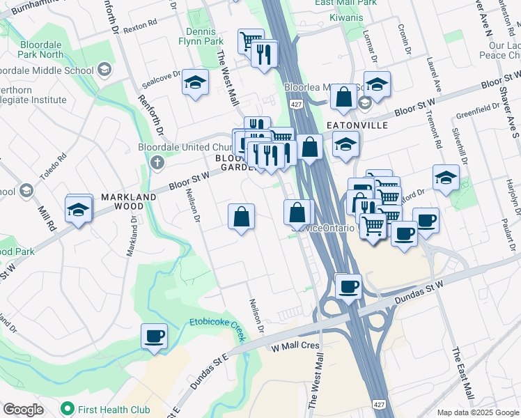 map of restaurants, bars, coffee shops, grocery stores, and more near 5 Baskerville Crescent in Toronto