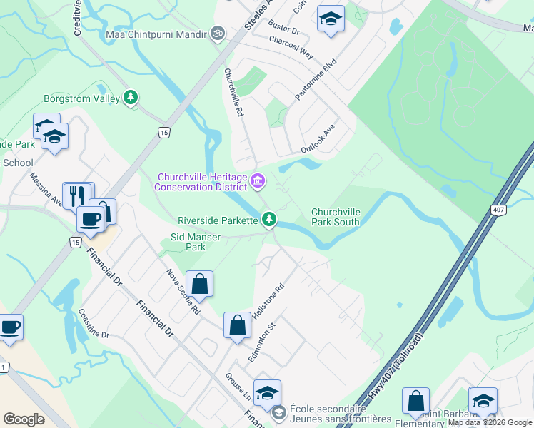 map of restaurants, bars, coffee shops, grocery stores, and more near 7746 Churchville Road in Brampton