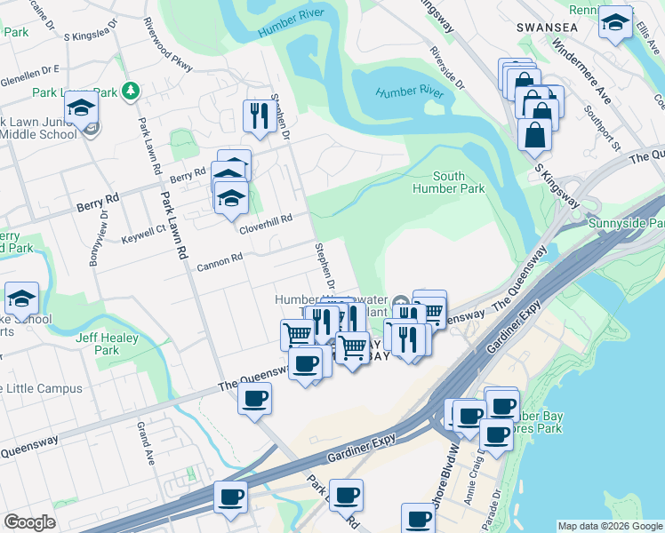 map of restaurants, bars, coffee shops, grocery stores, and more near 57 Stephen Drive in Toronto