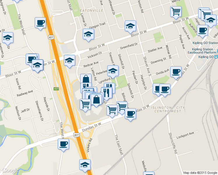 map of restaurants, bars, coffee shops, grocery stores, and more near 8 Yarn Road in Toronto