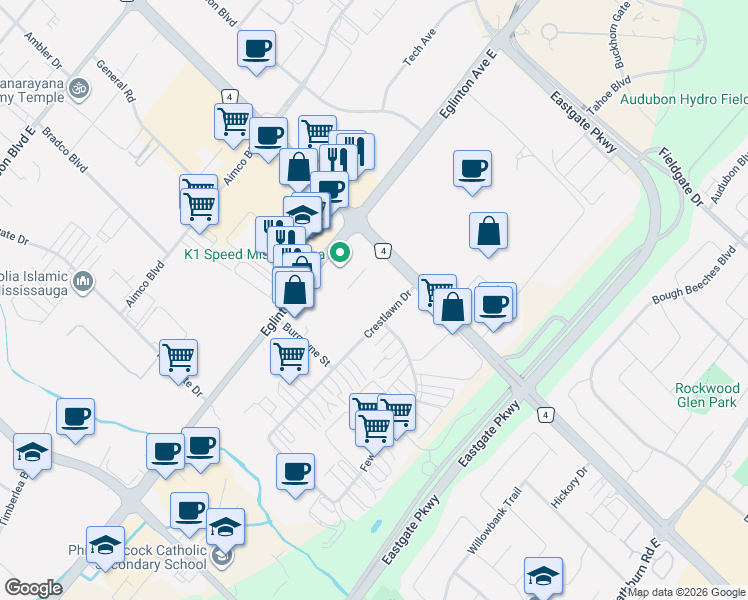 map of restaurants, bars, coffee shops, grocery stores, and more near 1331 Crestlawn Drive in Mississauga