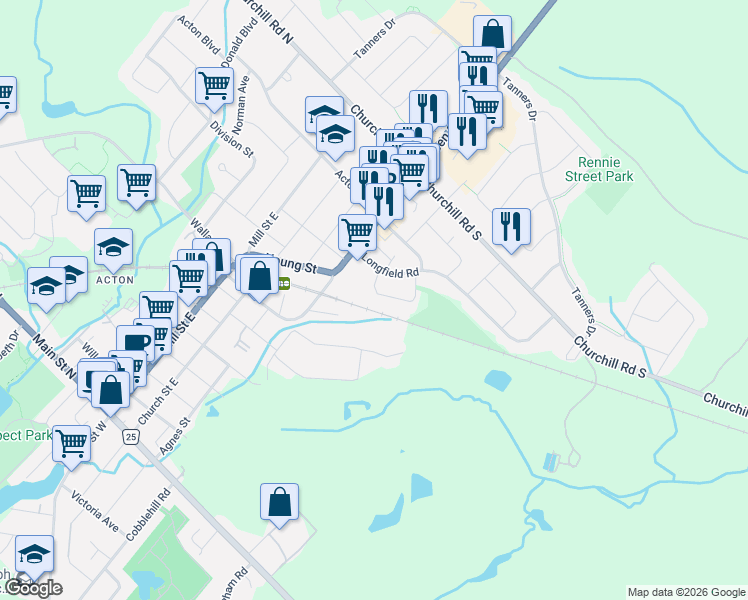 map of restaurants, bars, coffee shops, grocery stores, and more near Mowbray Place in Acton